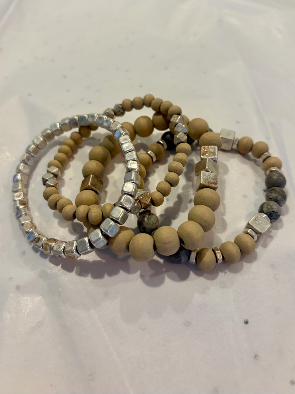 NWOT Neutral Wood Bead Stretch Bracelet Set with Silver Accents-4